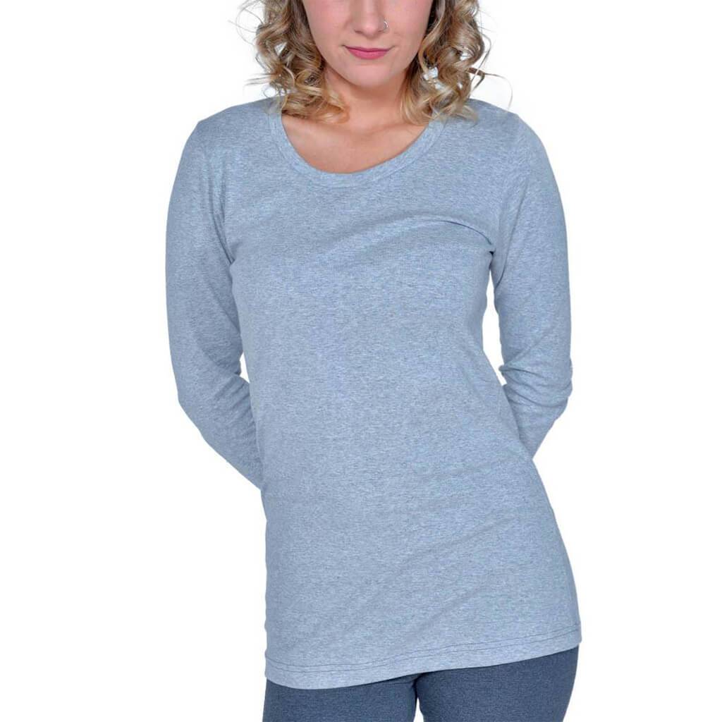 USA Made Organic Cotton Women's Rib Long Sleeve Perfect Crewneck T-Shirt in Heather Grey