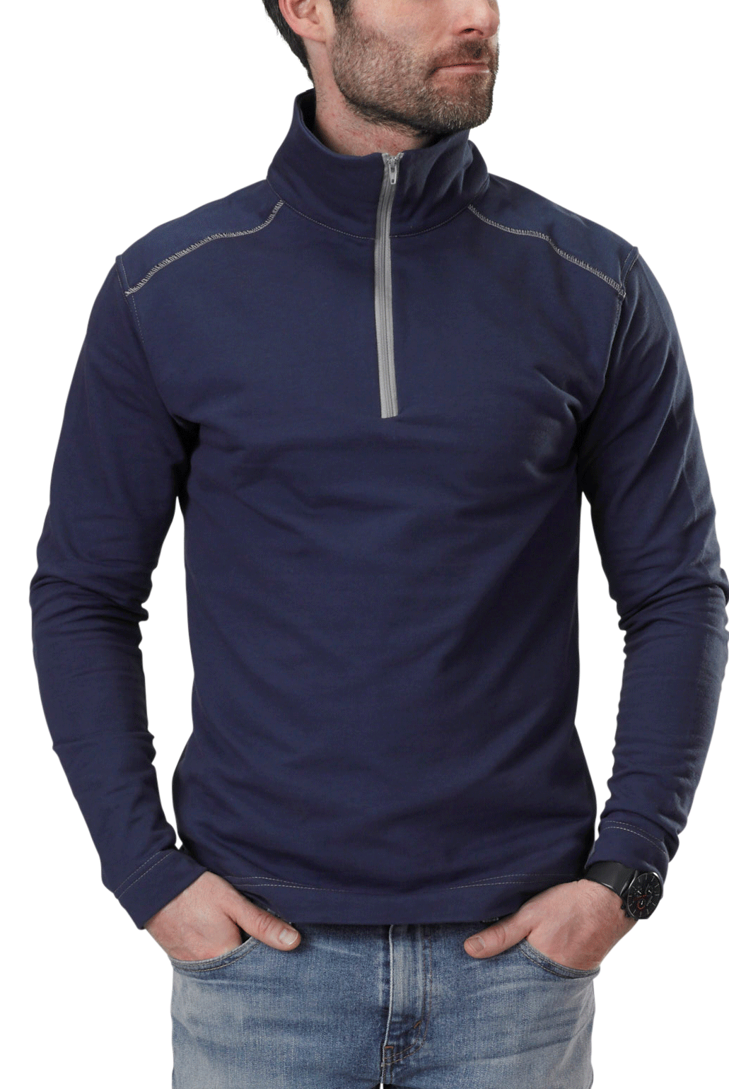 USA Made Organic Cotton Men's Quarter Zip Lightweight French Terry Pullover in Marine with Grey Stitching & Zipper