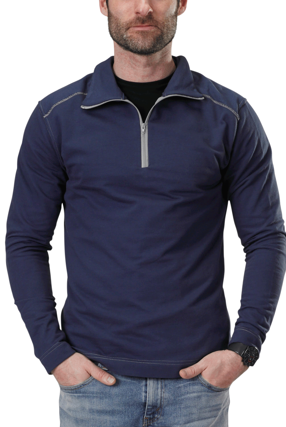 USA Made Organic Cotton Men's Quarter Zip Lightweight French Terry Pullover in Marine with Grey Stitching & Zipper