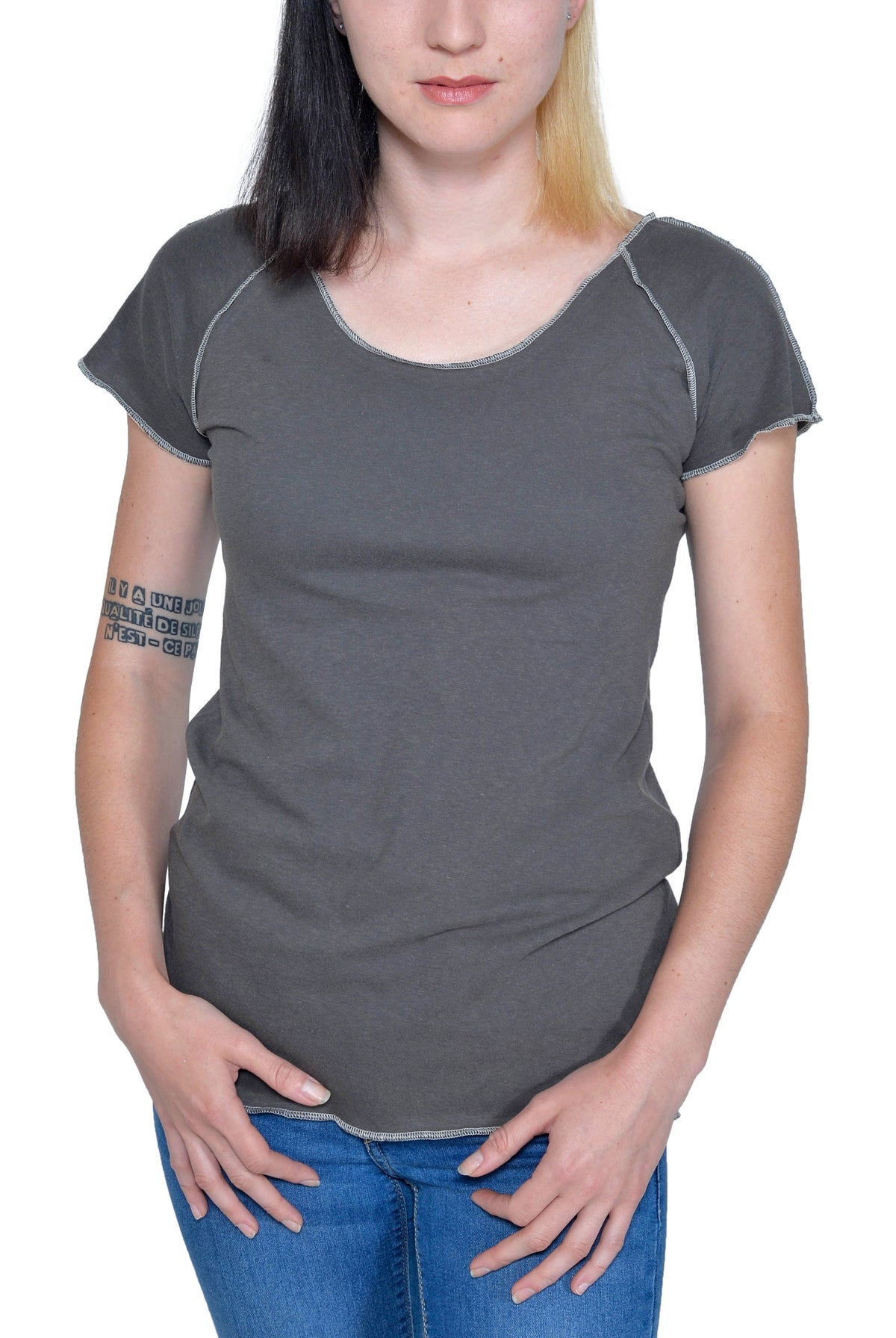 Organic Cotton | Short Sleeve Raw Raglan Tee | Graphite | USA Made - Asheville Apparel