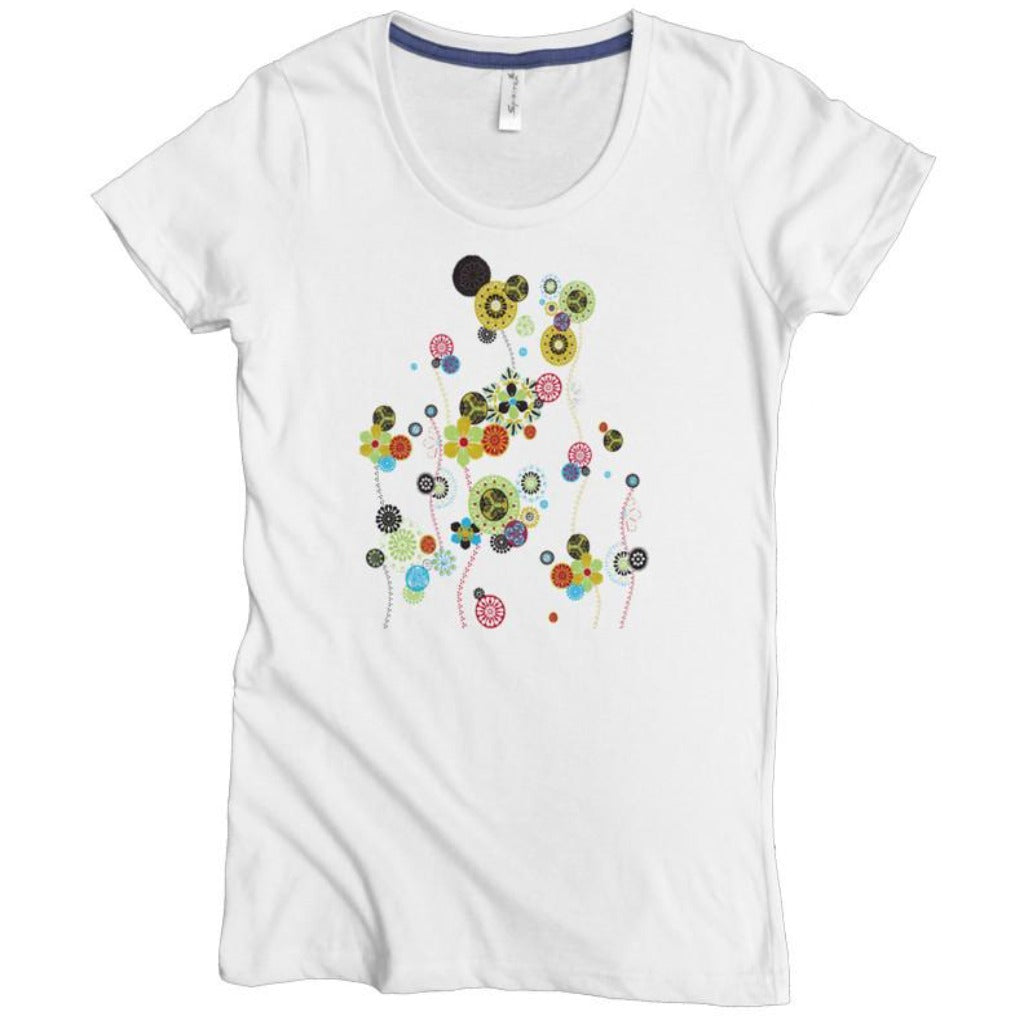 USA Made Organic Cotton Women's Natural Undyed Short Sleeve Favorite Crewneck Graphic Tee with Flowing Flowers Design