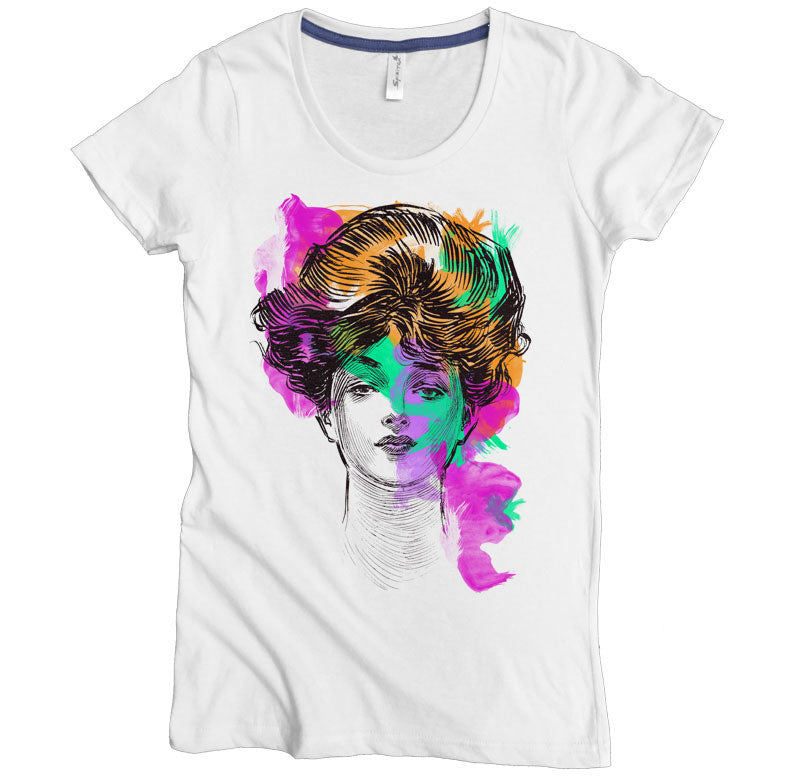 USA Made Organic Cotton Women's White Short Sleeve Favorite Crewneck Graphic Tee with Gibson Girl Design
