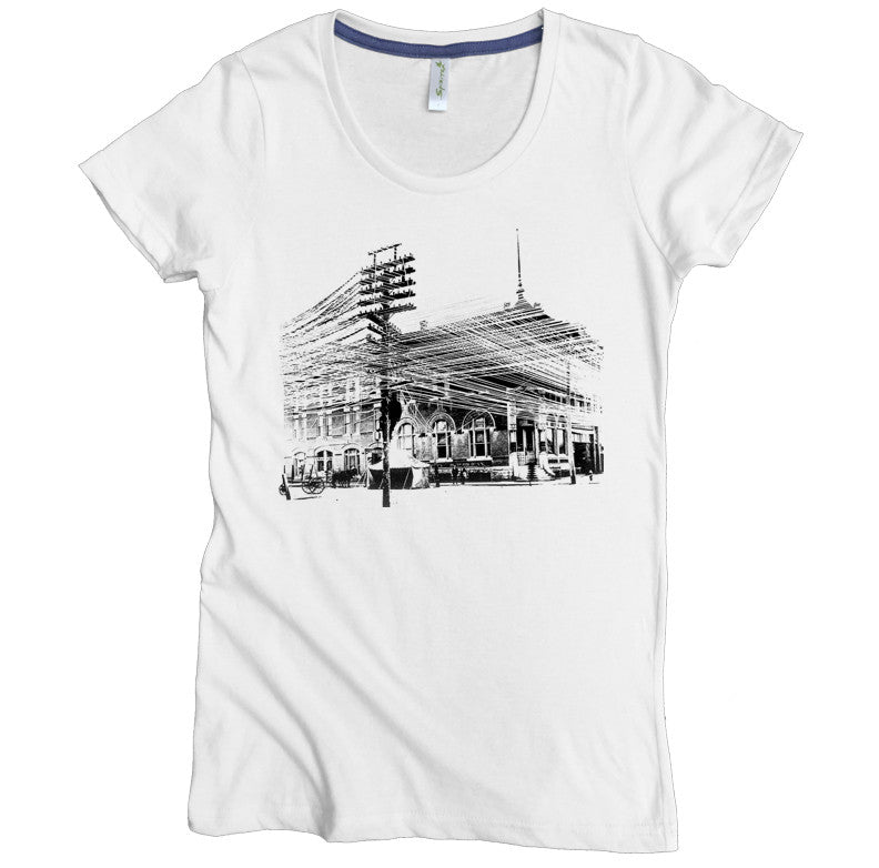USA Made Organic Cotton Women's White Short Sleeve Favorite Crewneck Graphic Tee with Lines to Nowhere Design