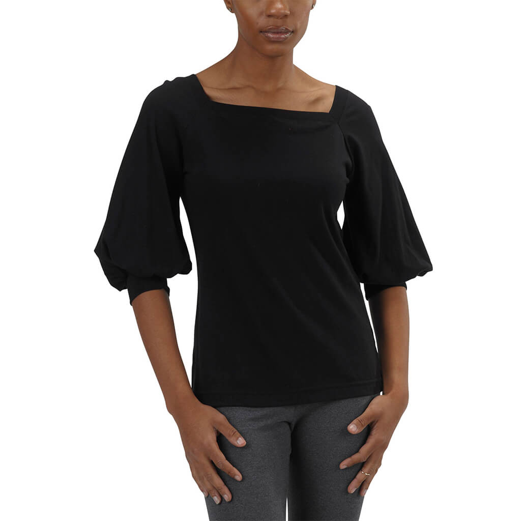 USA Made Organic Cotton Women's Romantic Top with 3/4 Length Puff Sleeves and Square Cut Neck in Black