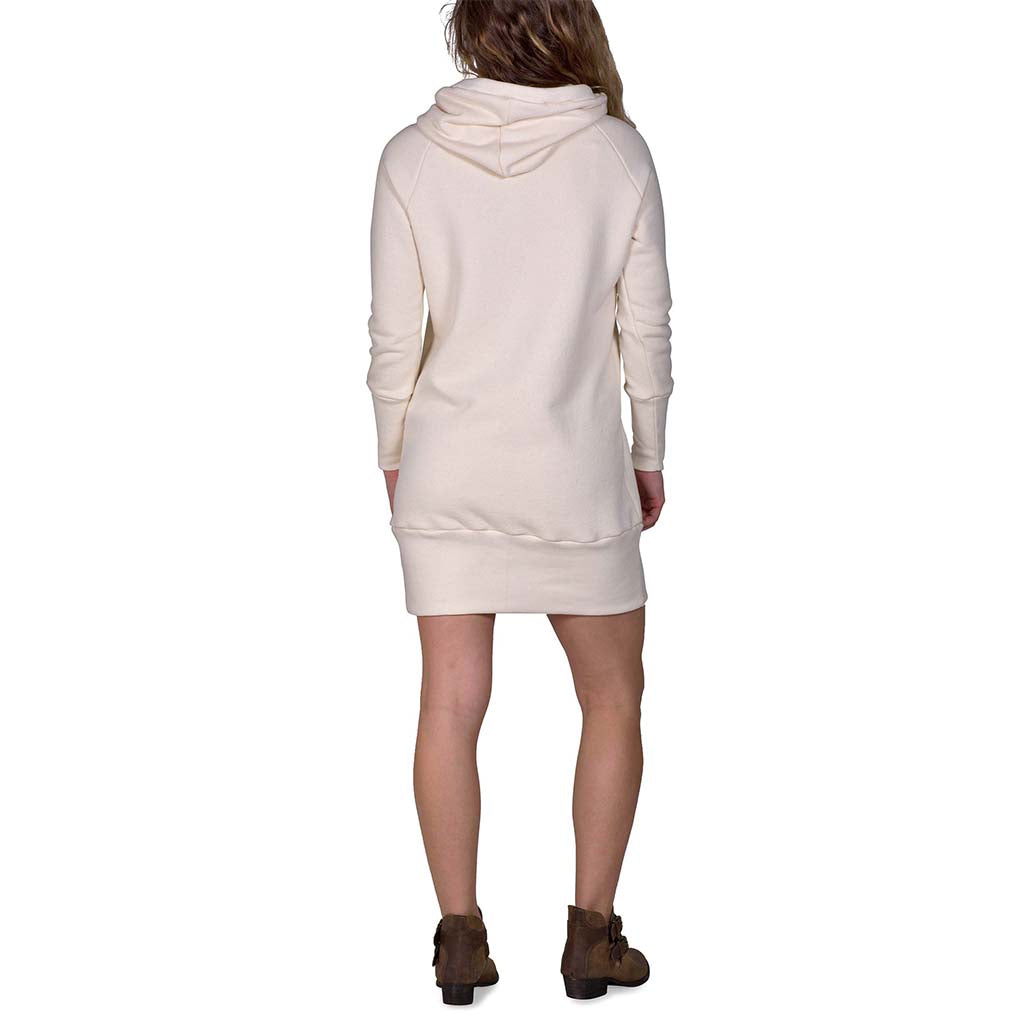 USA Made Organic Cotton Heavyweight French Terry Hooded Cowlneck Sweatshirt Dress with Kangaroo Pocket in Natural Undyed - Back View