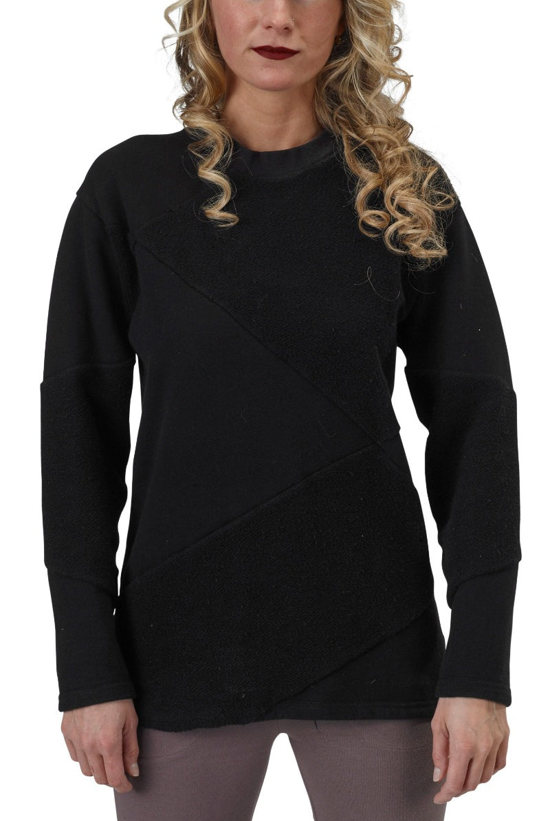 Unisex Organic Cotton Asymmetrical Heavy French Terry Crewneck Sweatshirt in Black