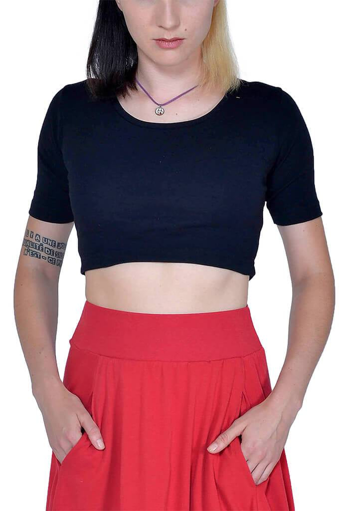USA Made Organic Cotton Women's Short Sleeve Rib Coxe Crop Top in Black