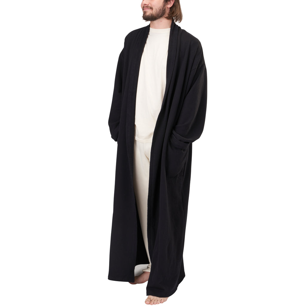 USA Made Organic Cotton Unisex Full-Length Fleece Robe in Black - Open