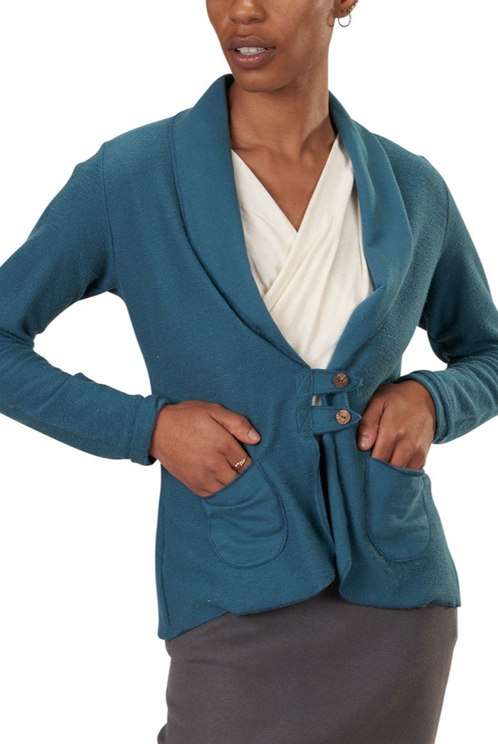 USA Made Organic Cotton Women's Lightweight French Terry Tab Jacket Blazer in Flemish Blue