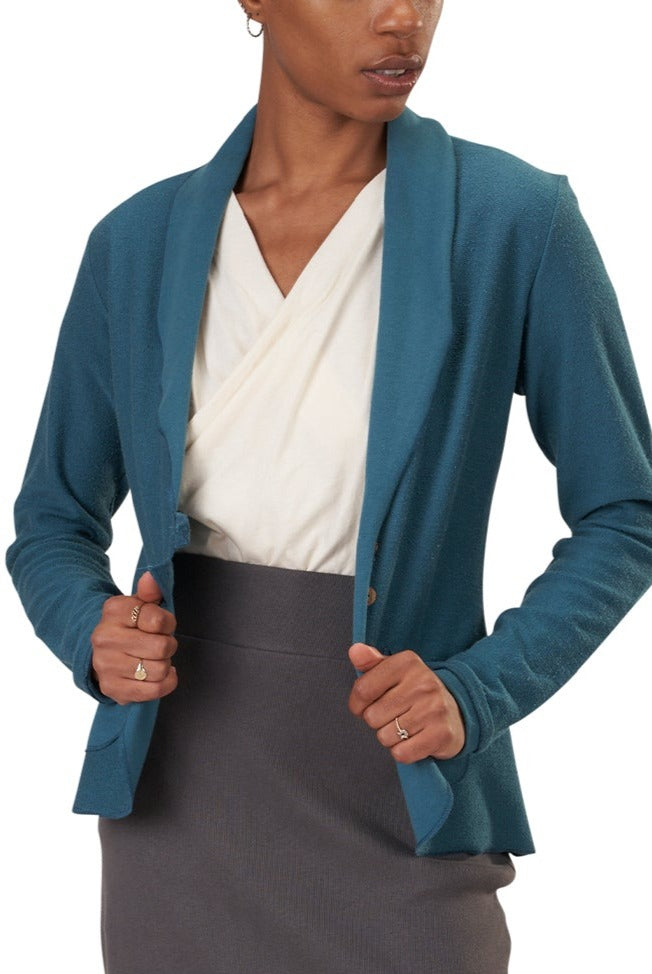 USA Made Organic Cotton Women's Lightweight French Terry Tab Jacket Blazer in Flemish Blue