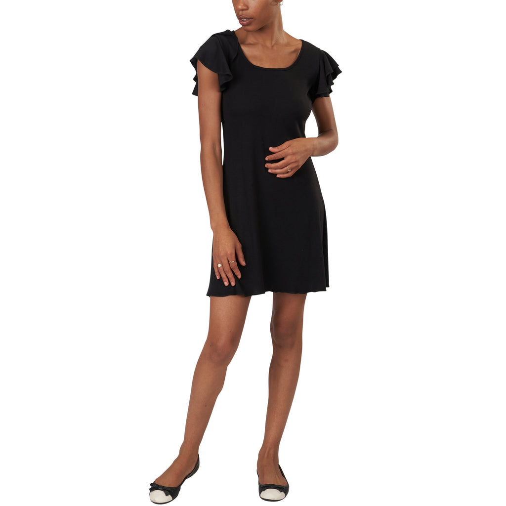 USA Made Organic Cotton Double Flounce Ruffled Short Sleeve Dress in Black