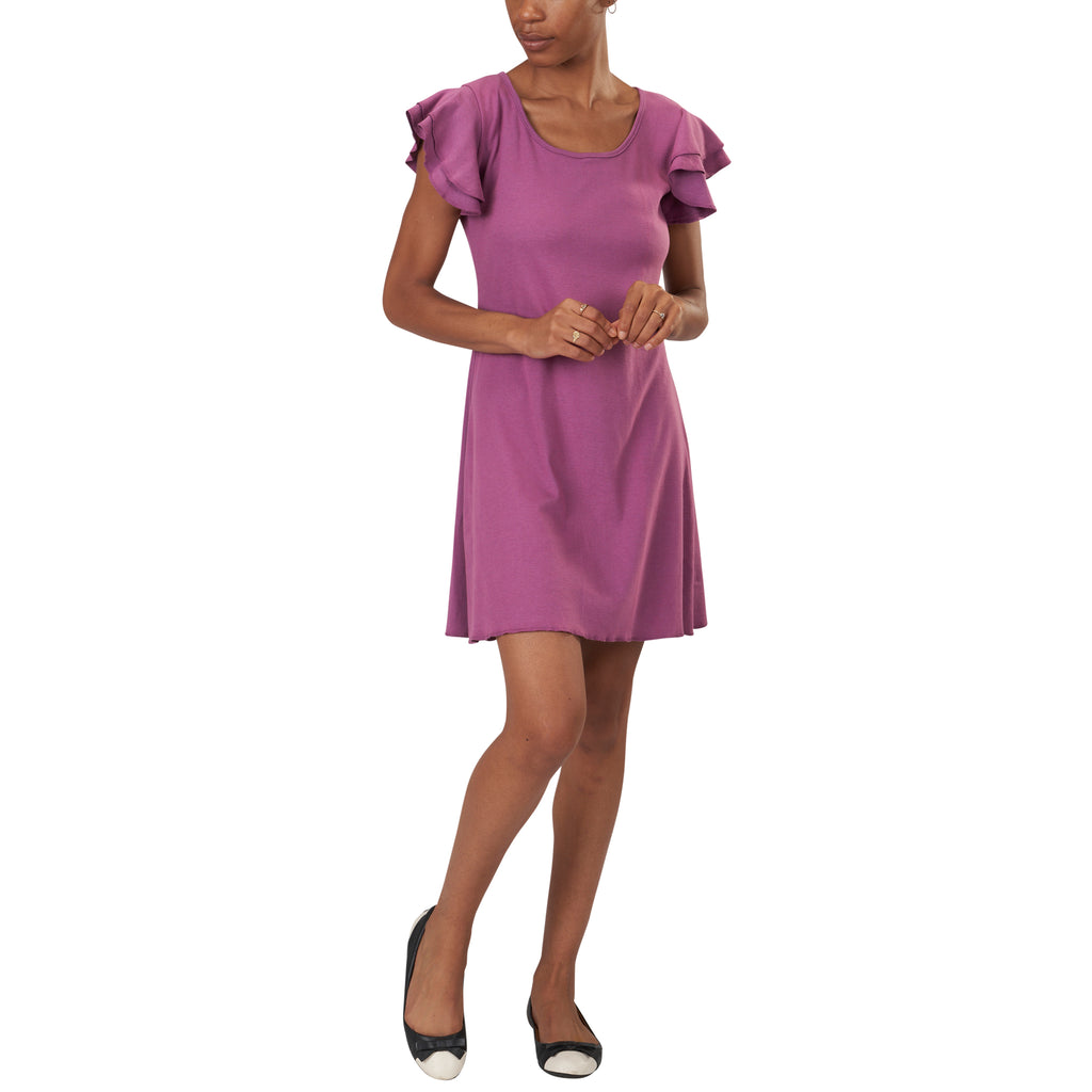 USA Made Organic Cotton Double Flounce Ruffled Short Sleeve Dress in Hyacinth Purple