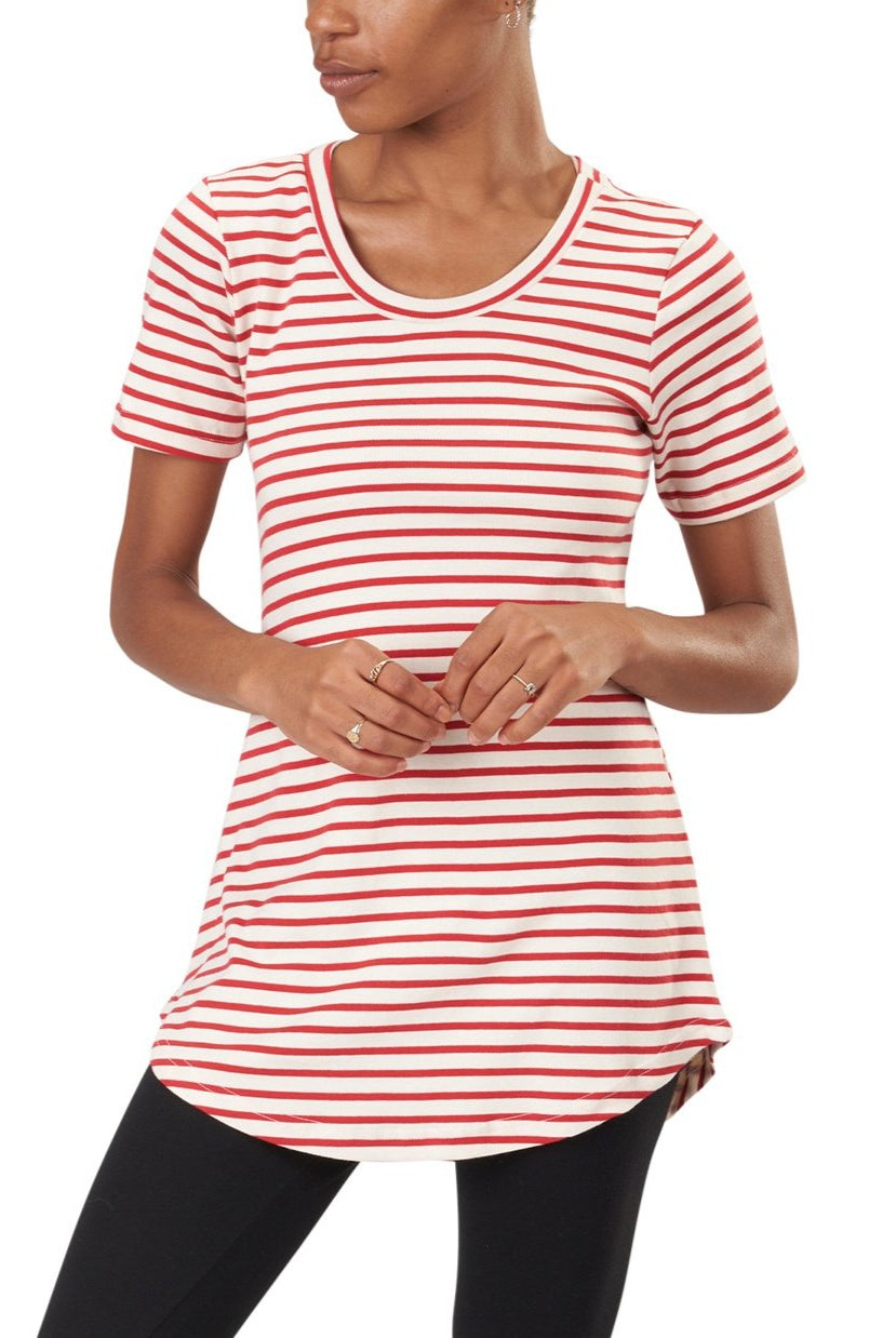USA Made Organic Cotton Women's Short Sleeve Striped Maddi Tunic Tee in Natural and Carmine Sailor Stripe