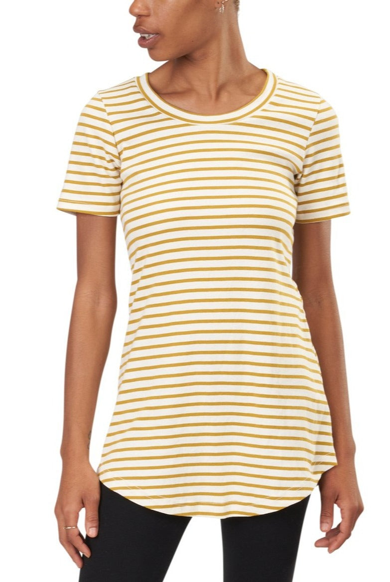 USA Made Organic Cotton Women's Short Sleeve Striped Maddi Tunic Tee in Natural and Martini Sailor Stripe
