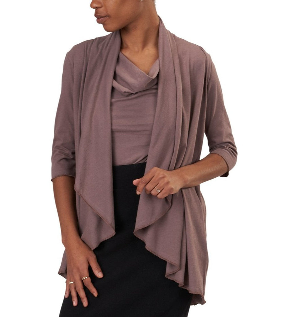 USA Made Organic Cotton Women's Ultra Lightweight Jersey 3/4 Length Sleeve Draped Cardigan in Mushroom Purple