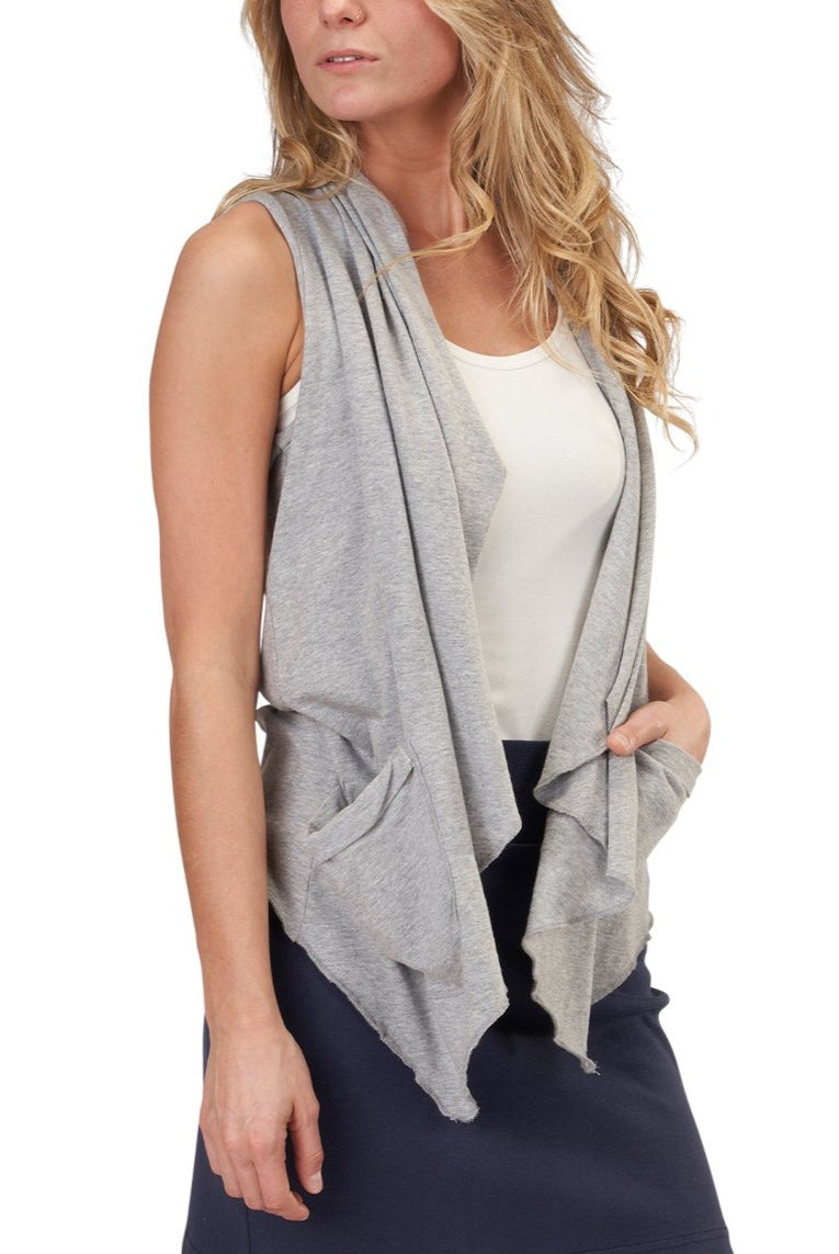 USA Made Organic Cotton Lightweight Jersey Draped Vest in Heather Grey