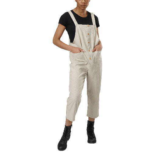 Women's USA Made Organic Cotton Woven Overall Buttoned Jumper  in Natural Color Grown Cotton