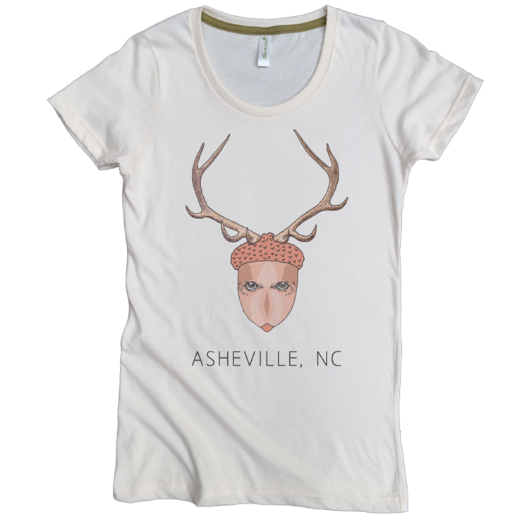 USA Made Organic Cotton Women's Natural Undyed Short Sleeve Favorite Crewneck Graphic Tee with Asheville Acorn Deer Design
