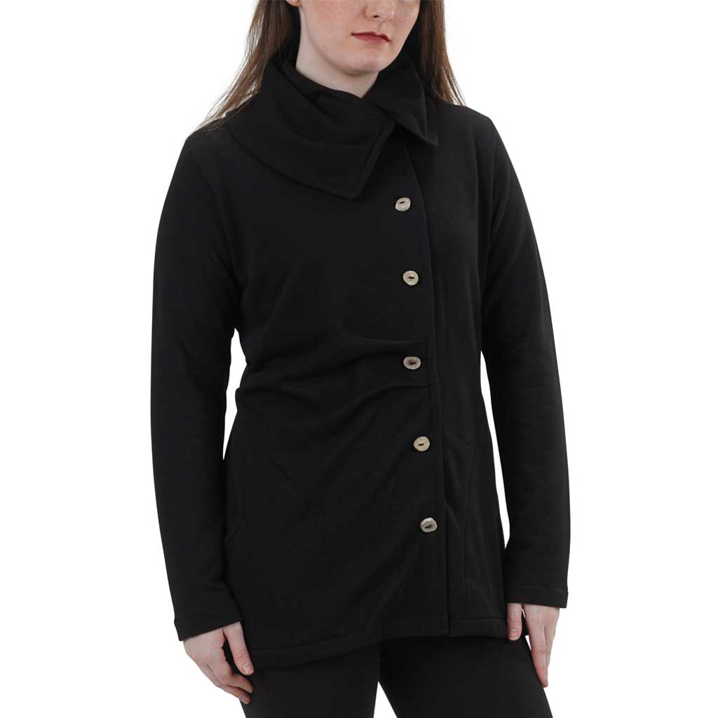 USA Made Organic Cotton Women's Lightweight French Terry Asymmetrical Balsam Tuck Jacket with deer antler buttons in Black