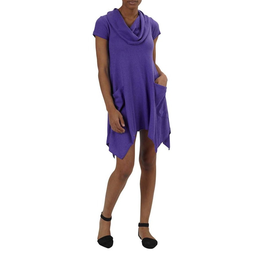Organic Cotton/Bamboo Honeycomb Knit Jersey Colette Drape Cowlneck Pocket Dress in Amethyst Bright Purple