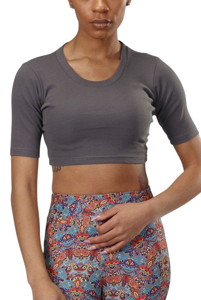 USA Made Organic Cotton Women's Short Sleeve Rib Coxe Crop Top in Graphite Dark Grey