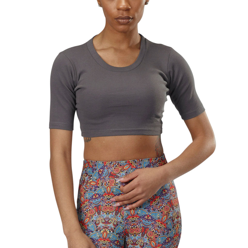 USA Made Organic Cotton Women's Short Sleeve Rib Coxe Crop Top in Graphite Dark Grey