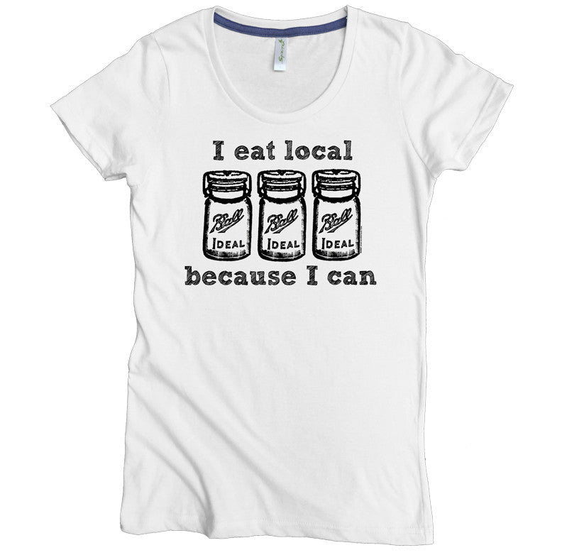 USA Made Organic Cotton Women's White Short Sleeve Favorite Crewneck Graphic Tee with I Eat Local Design