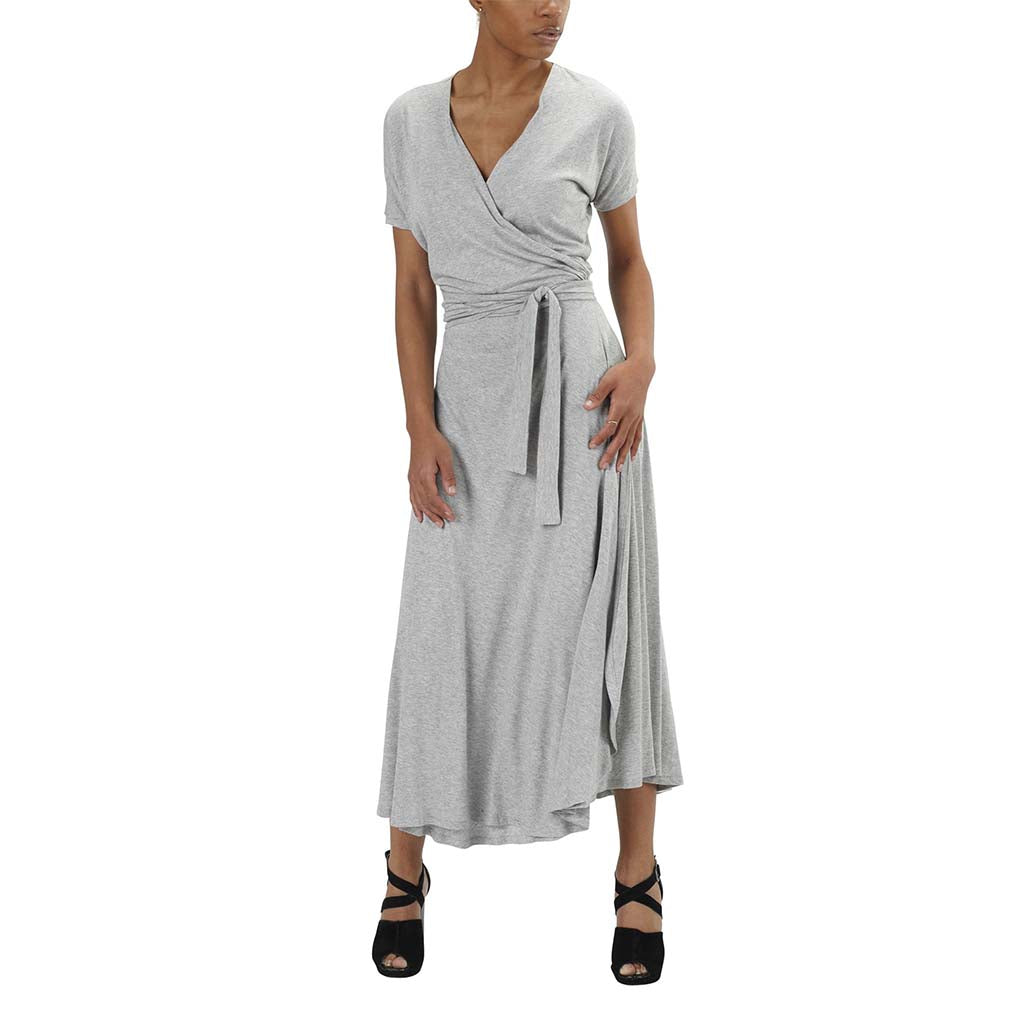 Organic Cotton & Bamboo Lightweight Jersey Tied Midi Wrap Dress with Dolman Sleeves in Heather Grey