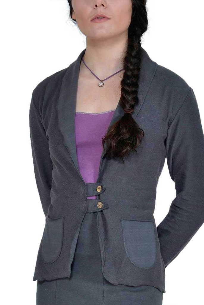 USA Made Organic Cotton Women's Lightweight French Terry Tab Jacket Blazer in Graphite Dark Grey