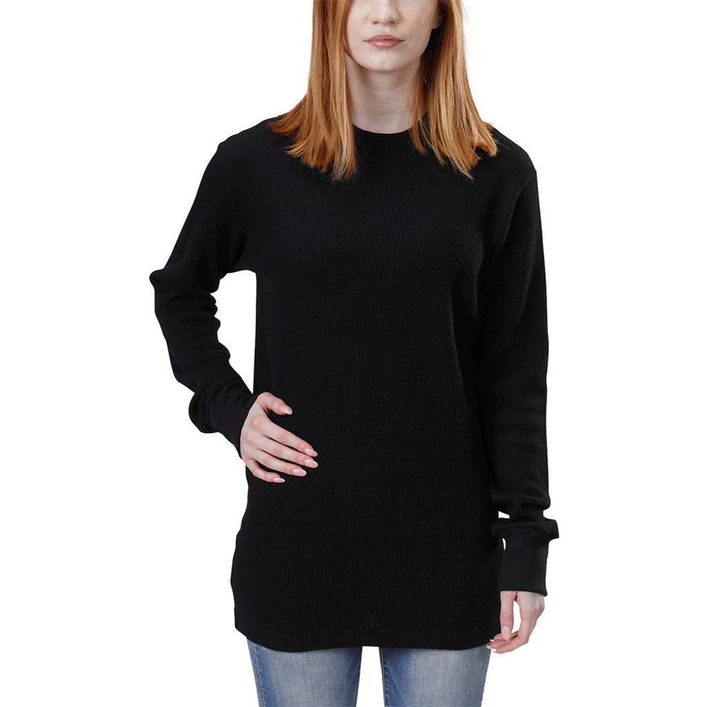 Organic Cotton Unisex Heavy Waffle Thermal Long Sleeve Crewneck Tee with ribbed cuffs and neckband in Black