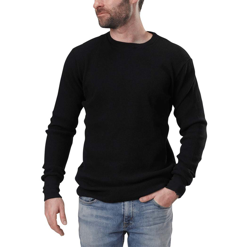 Organic Cotton Unisex Heavy Waffle Thermal Long Sleeve Crewneck Tee with ribbed cuffs and neckband in Black
