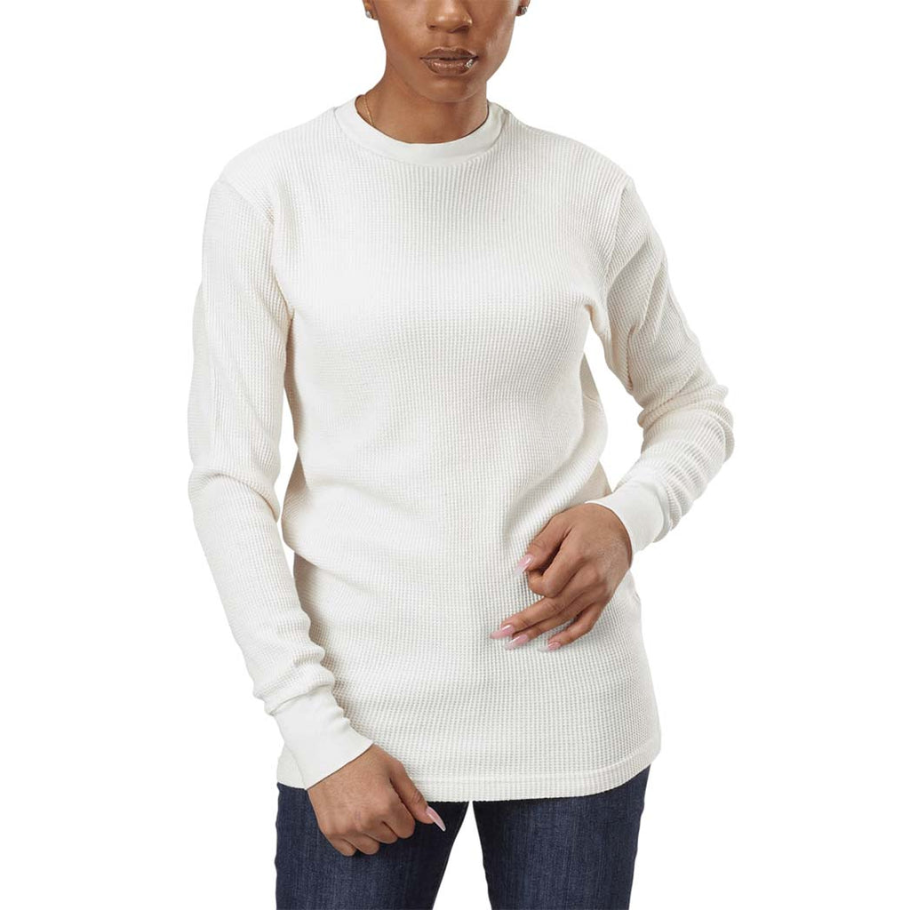Organic Cotton Unisex Heavy Waffle Thermal Long Sleeve Crewneck Tee with ribbed cuffs and neckband in Natural Undyed