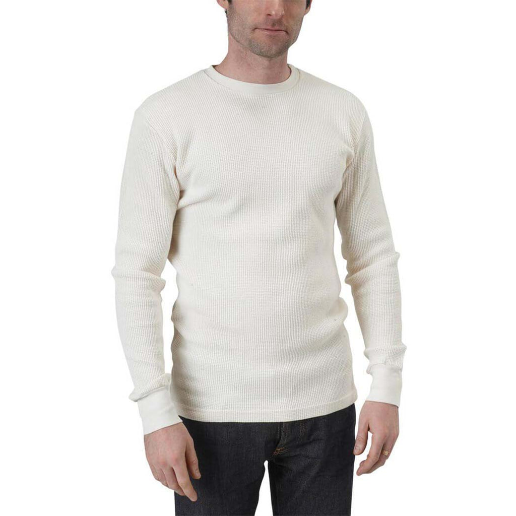 Organic Cotton Unisex Heavy Waffle Thermal Long Sleeve Crewneck Tee with ribbed cuffs and neckband in Natural Undyed