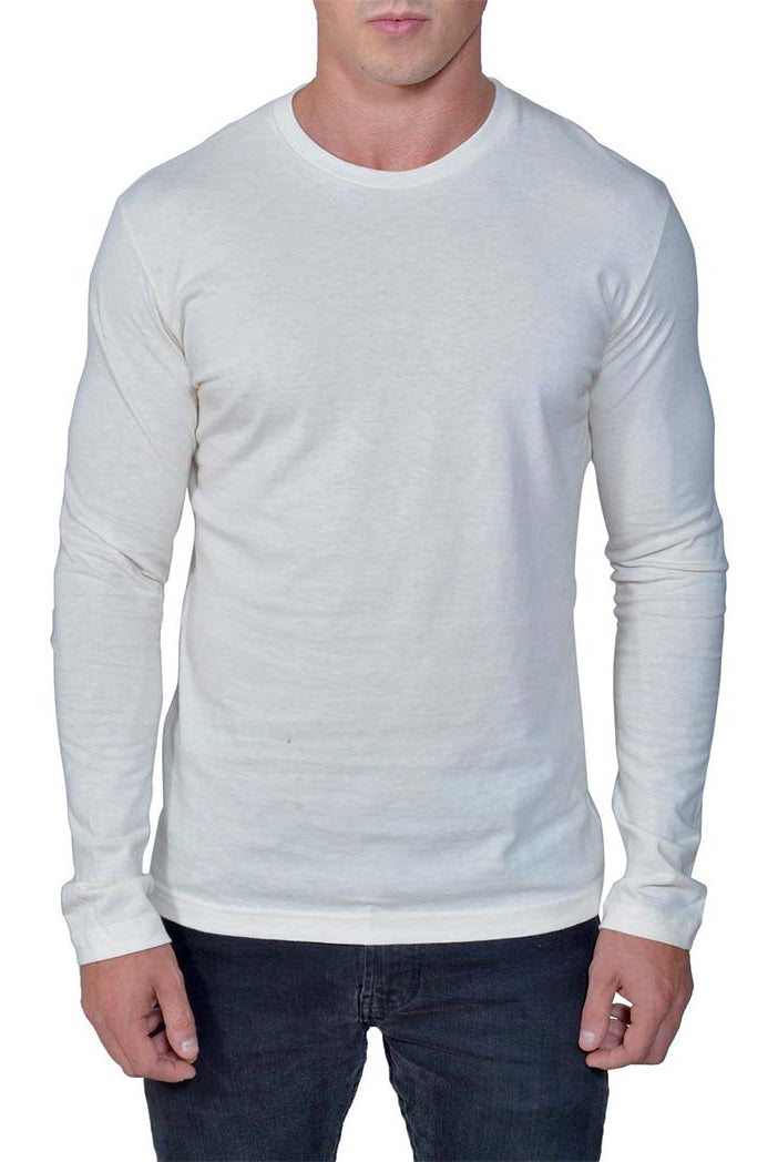 USA Made Organic Cotton Men's Long Sleeve Perfect Crewneck T-Shirt in Natural Undyed