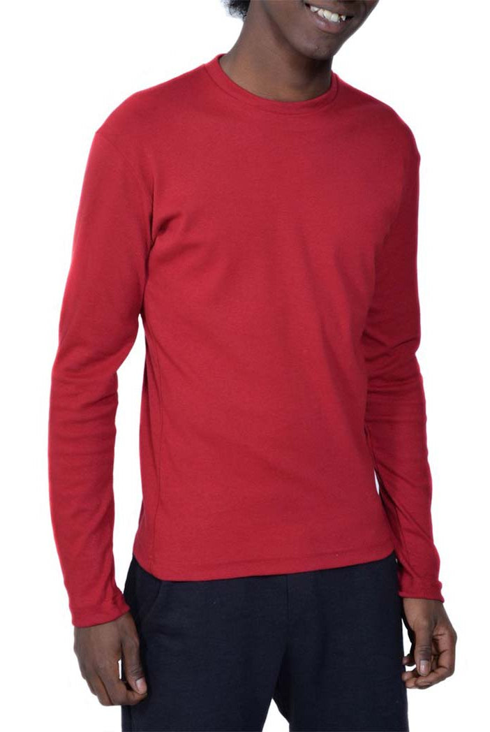 USA Made Organic Cotton Men's Long Sleeve Perfect Crewneck T-Shirt in Carmine Red