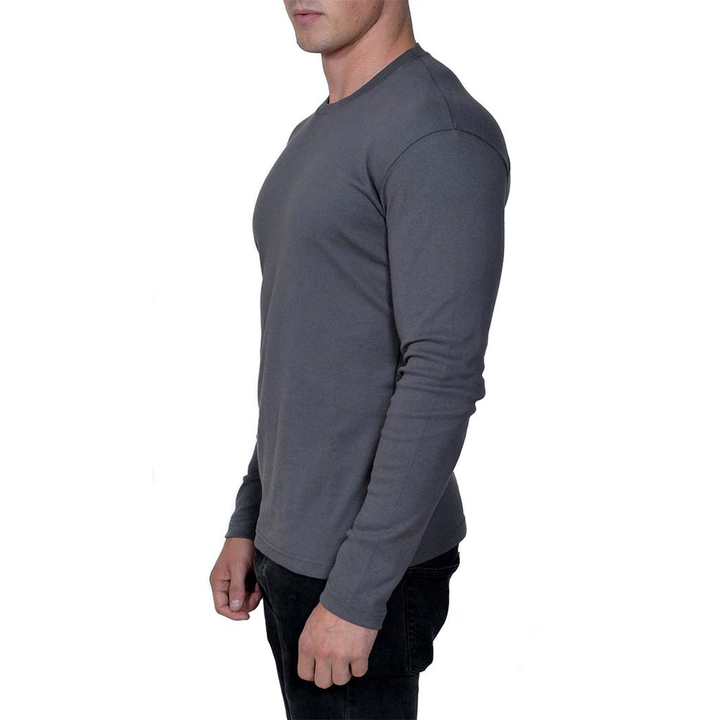 USA Made Organic Cotton Men's Long Sleeve Perfect Crewneck T-Shirt in Graphite Dark Grey - Side View