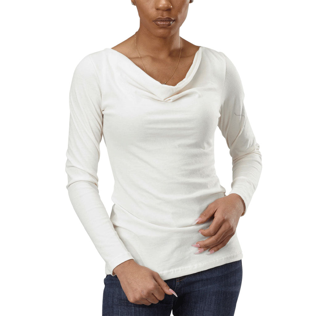 American Made Organic Cotton Lightweight Jersey Long Sleeve Cowlneck Top in Natural Undyed
