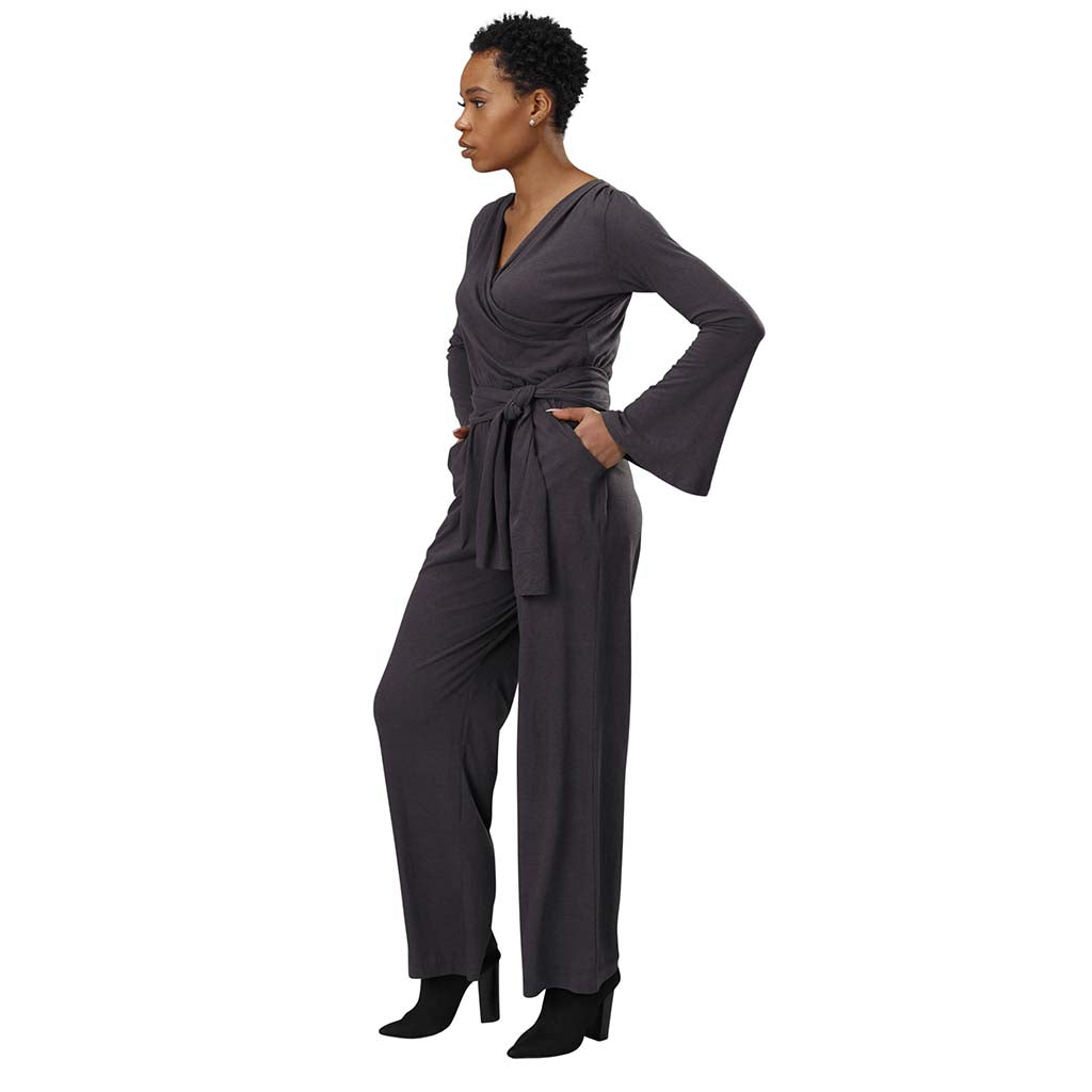 Women's Organic Cotton and Bamboo Lightweight Jersey Long Sleeve Surplice Belted Jumpsuit in Charcoal heathered deep grey - Side View