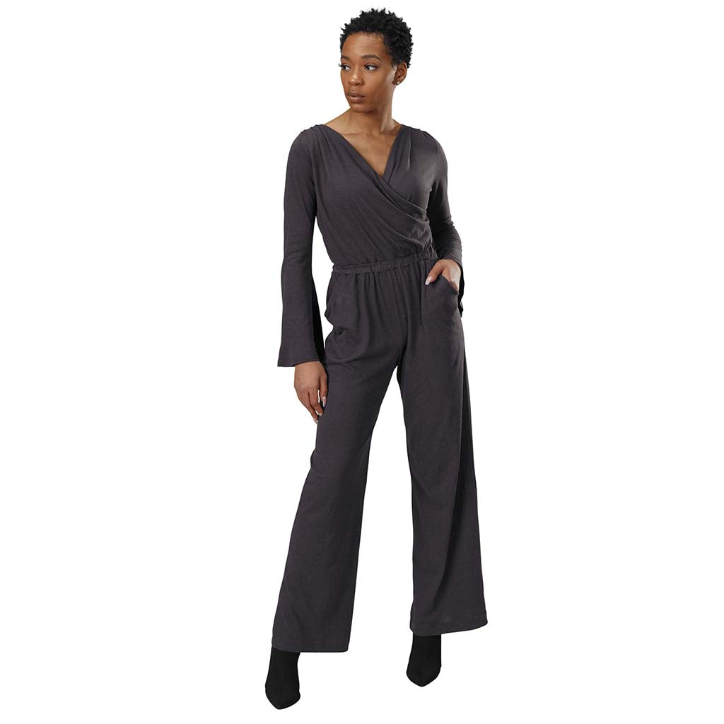 Women's Organic Cotton and Bamboo Lightweight Jersey Long Sleeve Surplice Belted Jumpsuit in Charcoal heathered deep grey