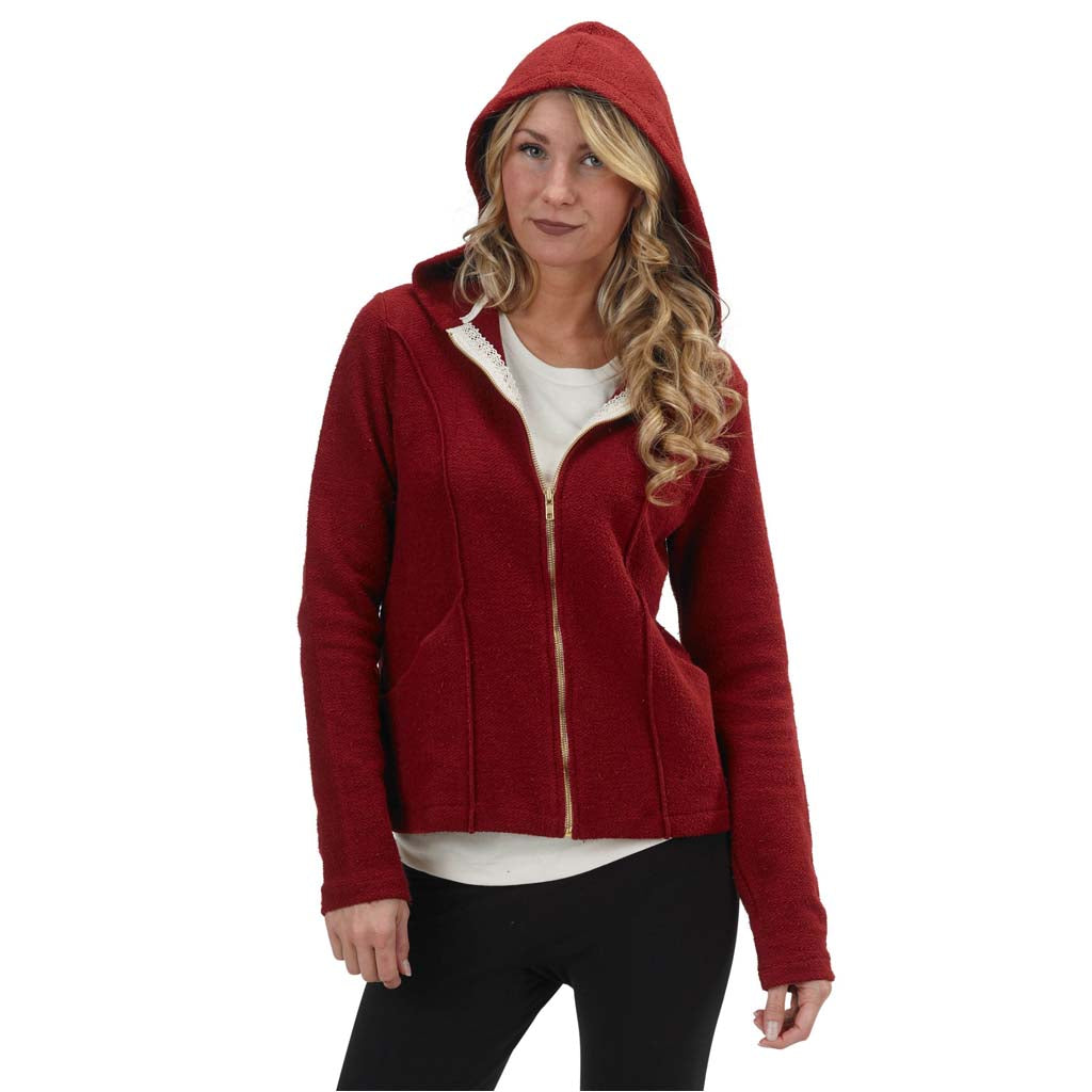 USA Made Organic Cotton Women's Heavyweight French Terry Mackenzie Zip Hoodie with Lace Detail in Syrah Deep Red