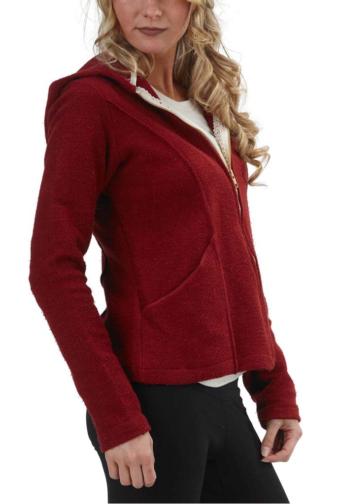 USA Made Organic Cotton Women's Heavyweight French Terry Mackenzie Zip Hoodie with Lace Detail in Syrah Deep Red - Side View