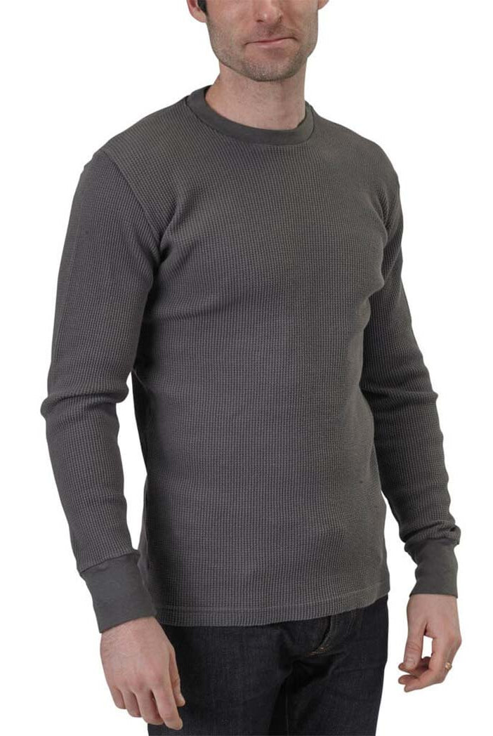 Organic Cotton Unisex Heavy Waffle Thermal Long Sleeve Crewneck Tee with ribbed cuffs and neckband in Graphite deep grey