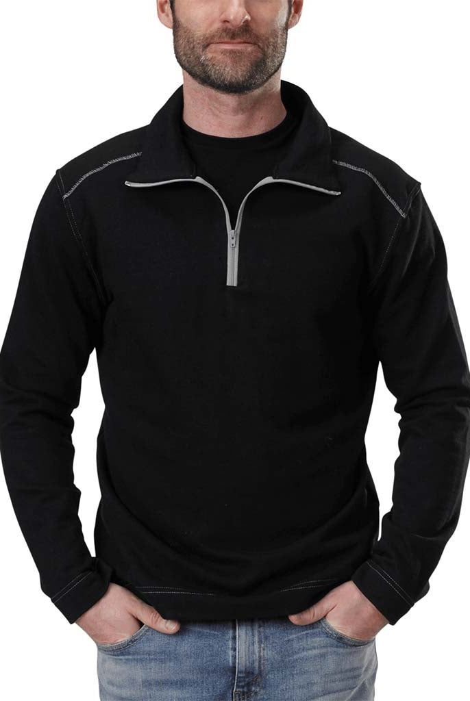 USA Made Organic Cotton Men's Quarter Zip Lightweight French Terry Pullover in Black with Grey Stitching & Zipper