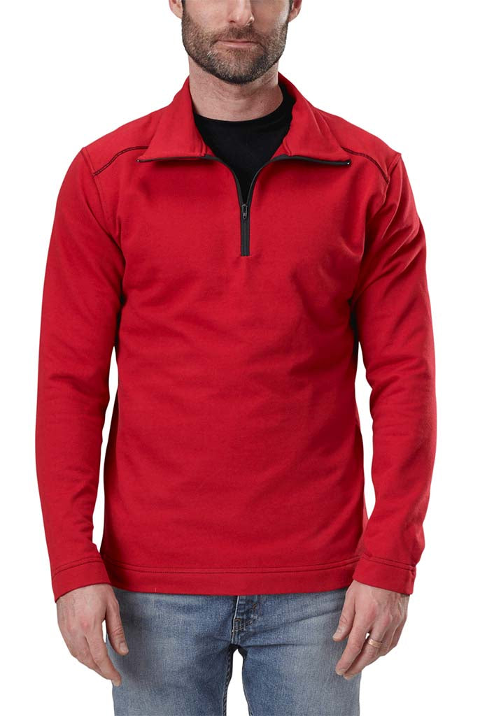 USA Made Organic Cotton Men's Quarter Zip Lightweight French Terry Pullover in Carmine with Black Stitching & Zipper