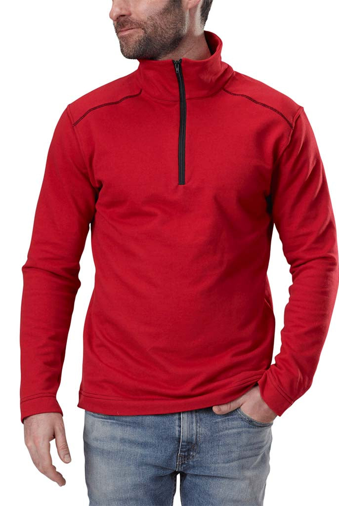 USA Made Organic Cotton Men's Quarter Zip Lightweight French Terry Pullover in Carmine with Black Stitching & Zipper