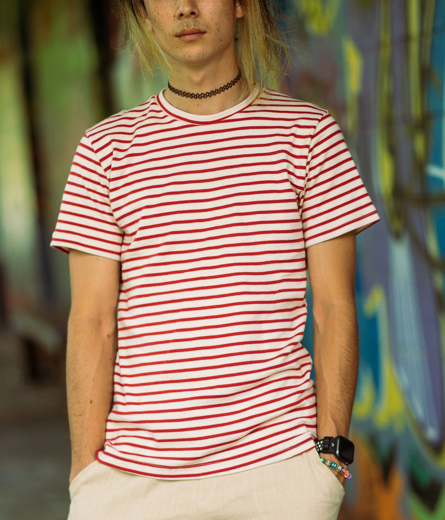 USA Made Organic Cotton Men's Sailor Stripe Short Sleeve Crewneck T-shirt in Natural & Carmine Red