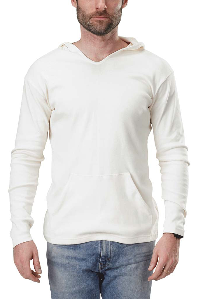 USA Made Organic Cotton Unisex 1 x 1 Medium Weight Rib Pocket Hoodie in Natural Undyed