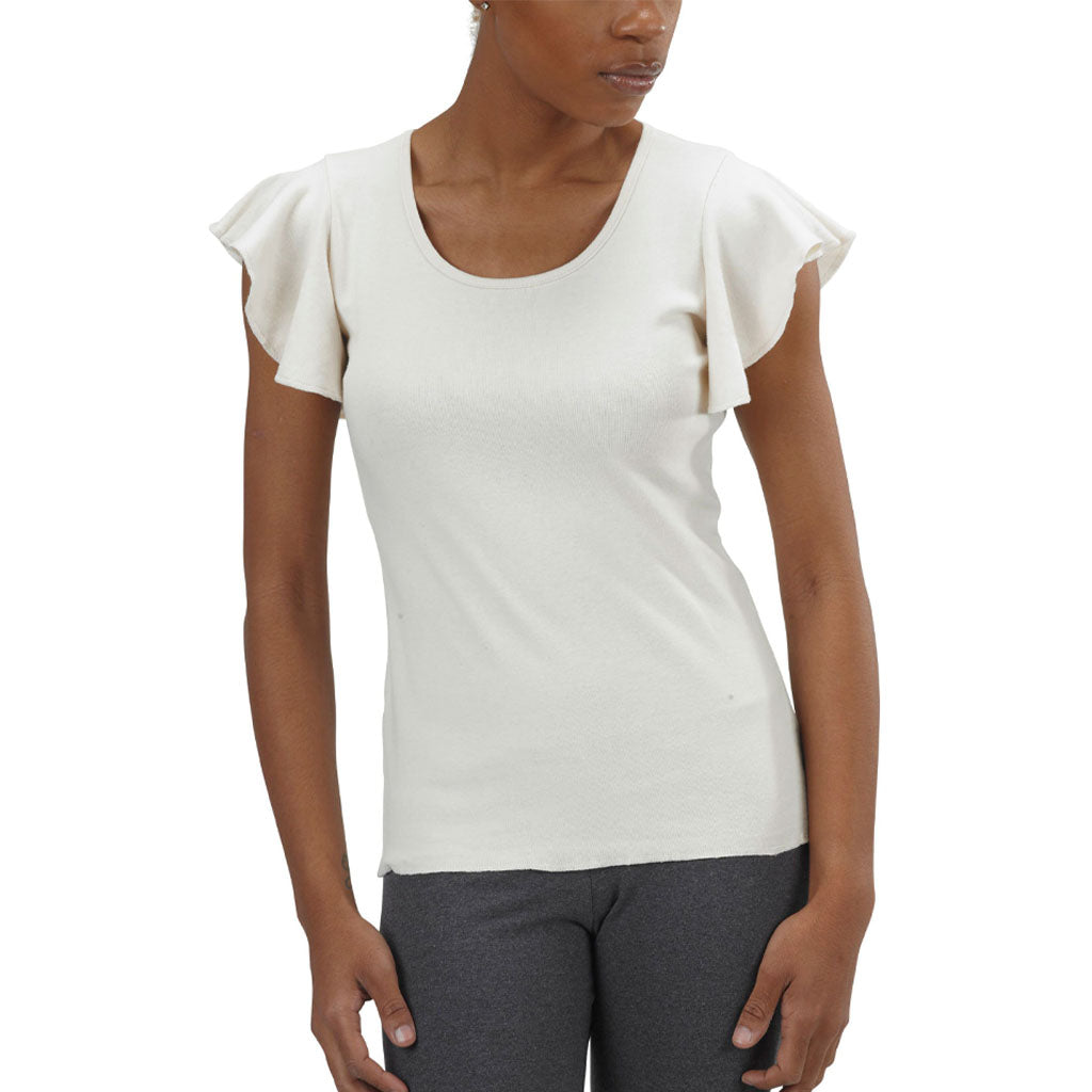 USA Made Organic Cotton Women's Short Sleeve Ruffle Sleeve T-Shirt in Natural Undyed