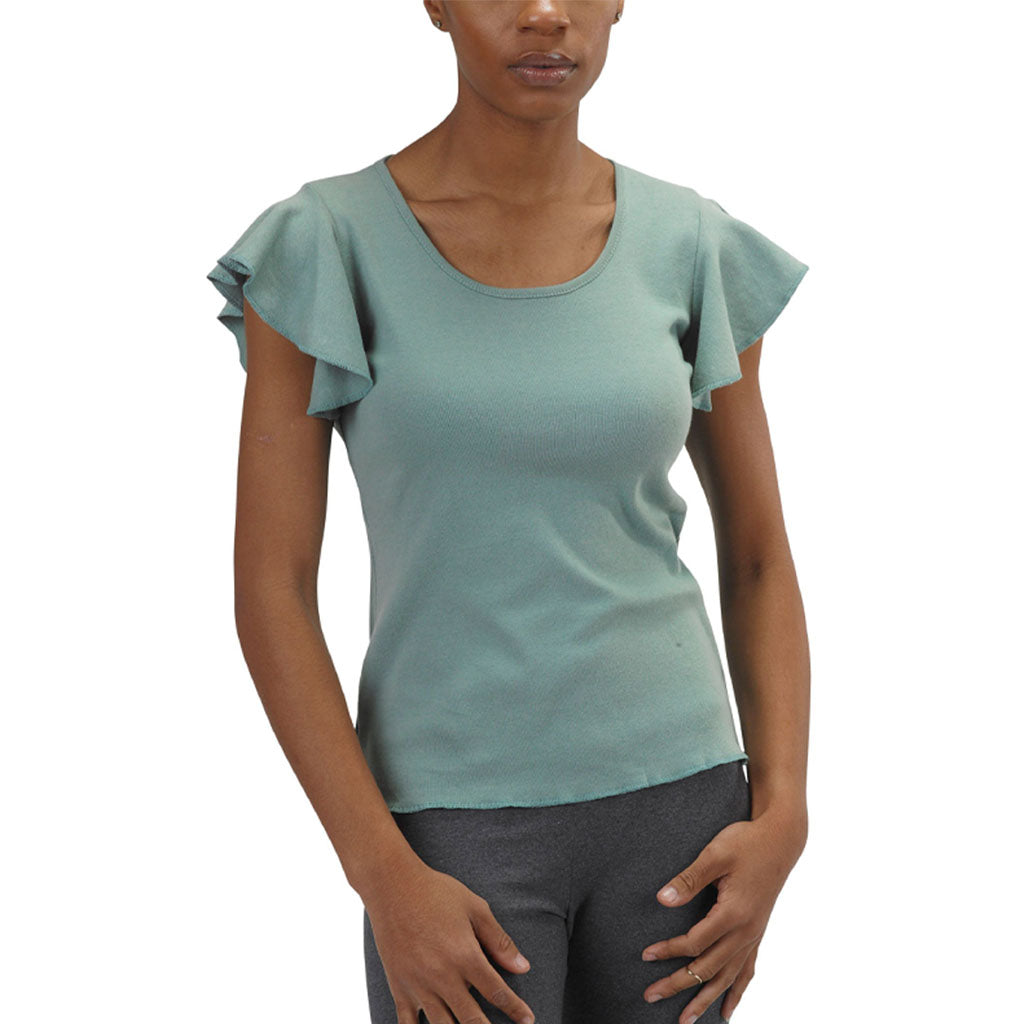 USA Made Organic Cotton Women's Short Sleeve Ruffle Sleeve T-Shirt in Smokey Teal