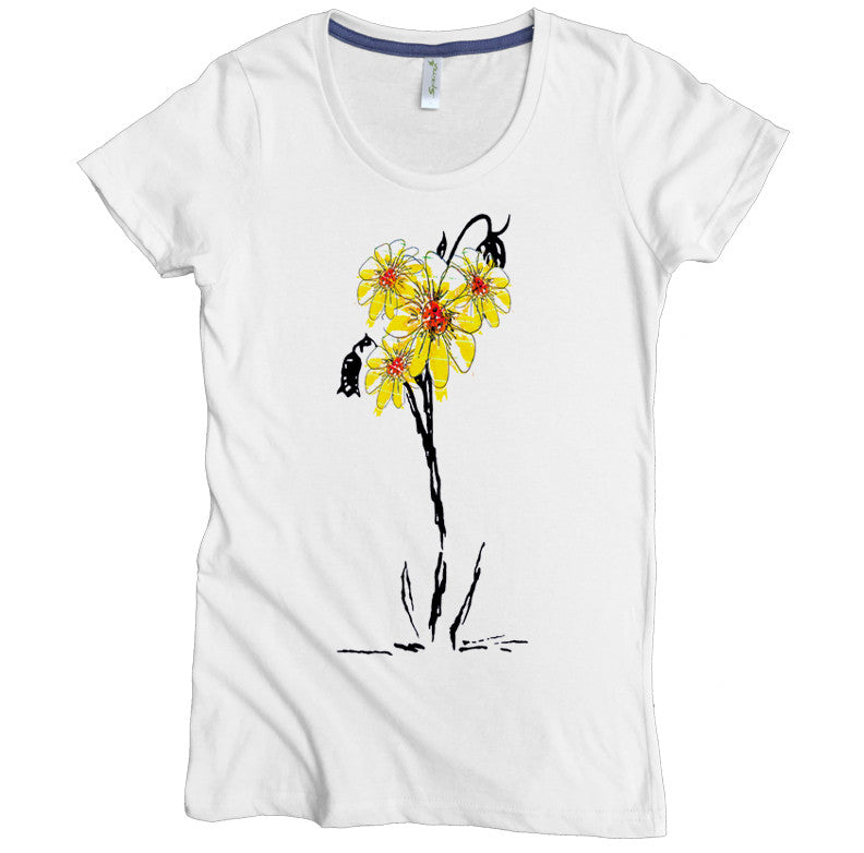USA Made Organic Cotton Women's Peroxide White Short Sleeve Favorite Crewneck Graphic Tee with Sunflowers Design